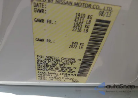 2014 Nissan Altima 2.5 Sl z USA, uszkodzony, nr VIN 1N4AL3AP6EC109440